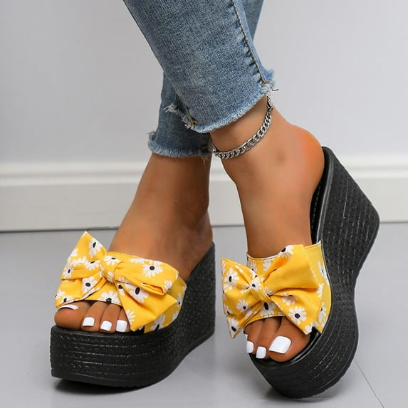 FAKKDUK Womens Sandals Comfortable Wedges Open Toe Bow Knot Sandals Platform Slides Bohemian Beach Sandals Slip On Wedge Sandals Summer Casual Shoes for Women, 4&Yellow