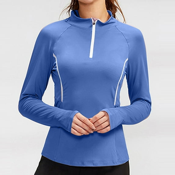 FAKKDUK Workout Tops for Women Casual 1/4 Zip Long Sleeve Women's Zipper Turndown Collar Sports Tops Blouses Fall Blouses 2023 Solid Business Work Tops Cute Slim Fit Shirts , Light Blue&S