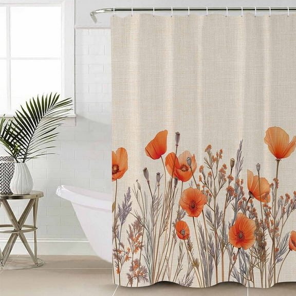 FAKULI Shower Curtain, Orange Spring Floral Stall Shower Curtains for Bathroom/Bathtub, Watercolor Farmhouse Botanical Waterproof Fabric Shower Curtain Set with 12 Hooks, 72" x 78"