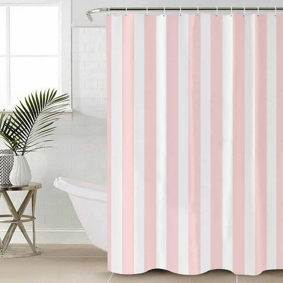 FAKULI Shower Curtain, Pink Striped Stall Shower Curtains for Bathroom/Bathtub, Modern Farmhouse Pink White Stripes Waterproof Fabric Shower Curtain Set with 12 Hooks, 66" x 72"