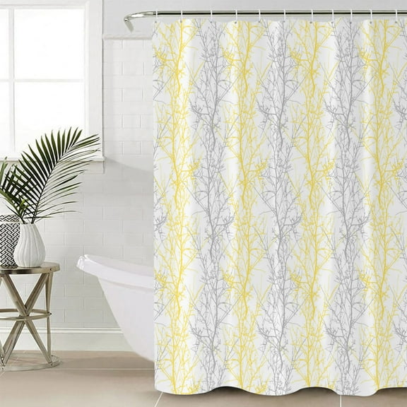 FAKULI Shower Curtain, Yellow Gray Stall Shower Curtains for Bathroom/Bathtub, Pastoral Botanical Branch Aesthetics Waterproof Fabric Shower Curtain Set with 12 Hooks, 72" x 78"