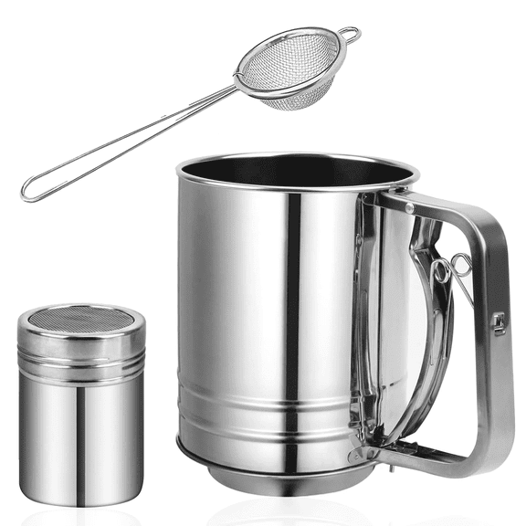 FAKYFJ 3-Cup Stainless Steel Flour Sifter with Powder Shaker Lid