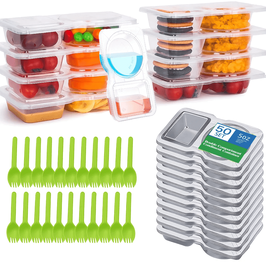 50 Pack FAKYFJ Snack Pack Containers, Double Compartment Condiment Container with Lids, Leakproof Snack Pack Containers with Spoons for School, Office Lunches, and Take-out Sauces