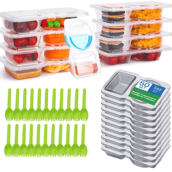 50 Pack FAKYFJ Snack Pack Containers, Double Compartment Condiment Container with Lids, Leakproof Snack Pack Containers with Spoons for School, Office Lunches, and Take-out Sauces