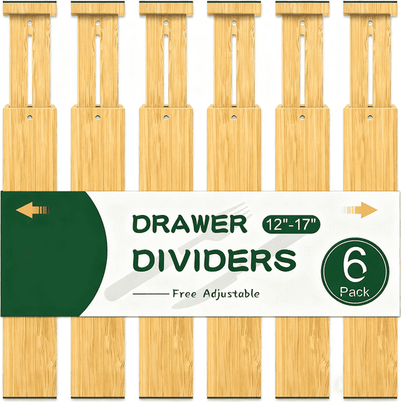 FAKYFJ Bamboo Drawer Dividers, Adjustable Drawer Divider for Clothes, Kitchen, Dresser, Bedroom, Bathroom and Office, 6-Pack (Natural, 12-17 IN)