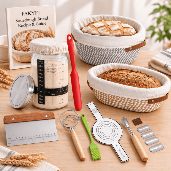 FAKYFJ Bread Proofing Basket Set, 9" Round & 10" Oval Banneton Baskets, Sourdough Bread Baking Supplies with Bread Lame, Dough Whisk, Complete Sourdough Starter Kit, Beige
