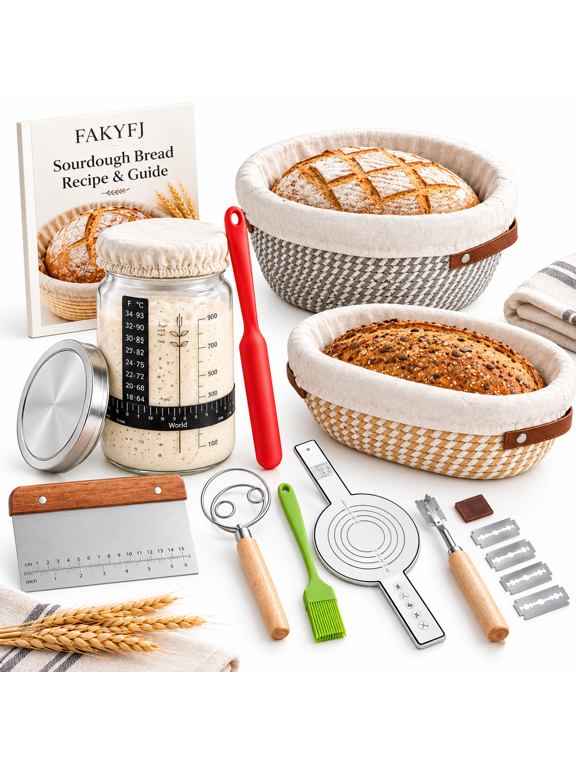 Bread Proofing Basket Set, 9" Round & 10" Oval Banneton Baskets, Sourdough Bread Baking Supplies with Bread Lame, Dough Whisk, Complete Sourdough Starter Kit, Beige