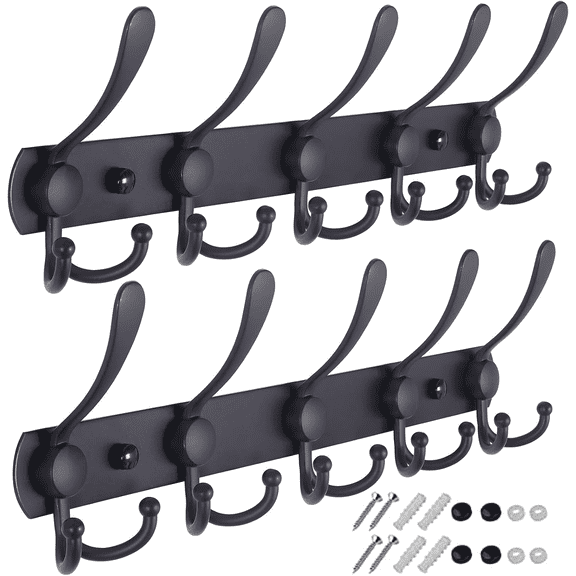 FAKYFJ Stainless Steel Wall Mounted Coat Rack, 5-Hook Rail, Wall Coat Hanger, Black, 2 pack