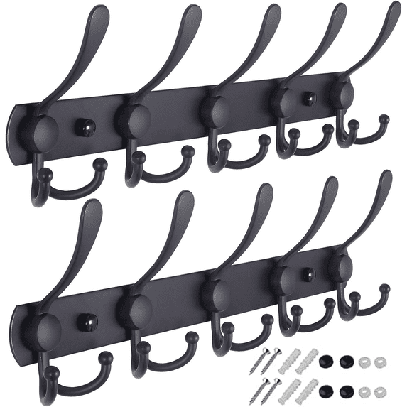 FAKYFJ Stainless Steel Wall Mounted Coat Rack, 5-Hook Rail, Wall Coat Hanger, Black, 2 pack