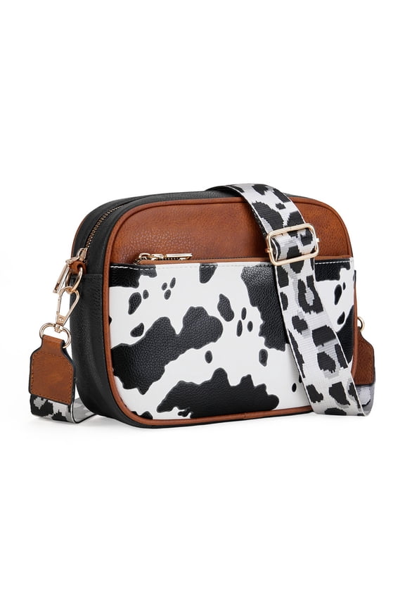 Women's Leather Crossbody Bag, Cow Print Cell Phone Purse, Triple Zip Pocket, Adjustable Shoulder Strap