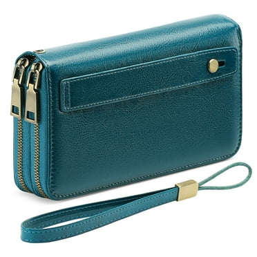 FALAN MULE Wallet for Women Double Zipper Phone Clutch RFID Blocking Vegan Leather Wristlet Purse Large Capacity Long Credit Card Holder with Grip Hand Strap