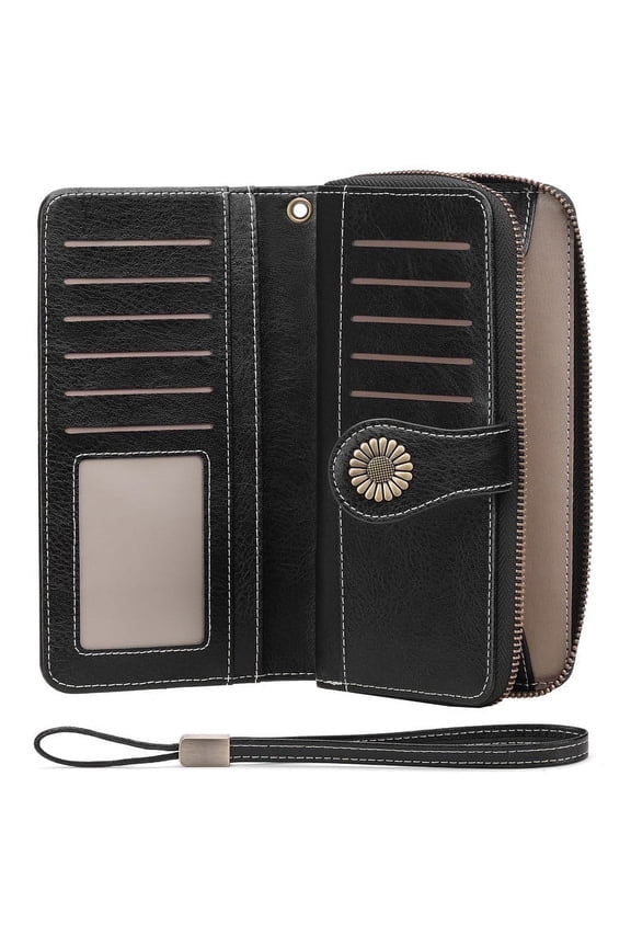 Women Leather Wallet Large Capacity Bifold RFID Blocking Card Holder with Zipper Coin Pocket