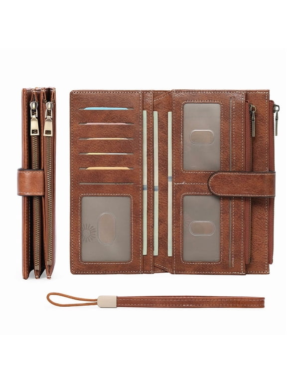 Women’s Leather Wristlet Wallet Rfid Blocking with 5 ID Windows and Double Zipper