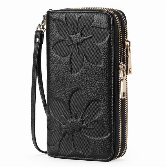 FALAN MULE Women's Wallet Large Capacity Double Zip Ladies Card Phone Holder RFID Blocking Wristlet Leather