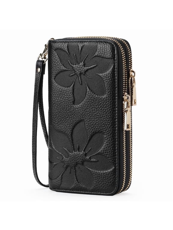 Women's Wallet Large Capacity Double Zip Ladies Card Phone Holder RFID Blocking Wristlet Leather