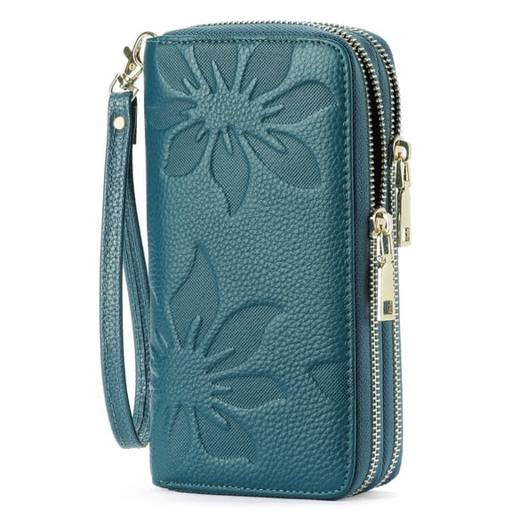 FALAN MULE Women's Wallet Large Capacity Double Zip Ladies Card Phone Holder RFID Blocking Wristlet Leather