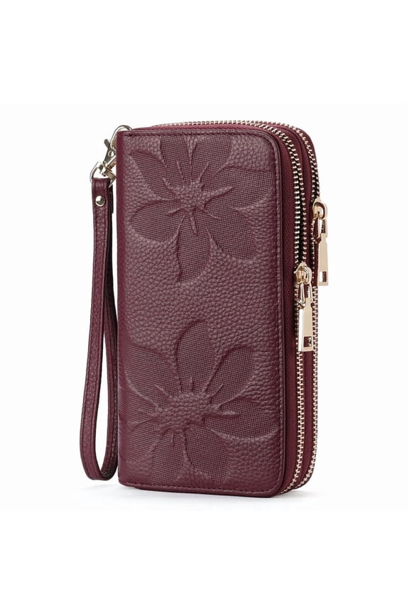 Women's Wallet Large Capacity Double Zip Ladies Card Phone Holder RFID Blocking Wristlet Leather