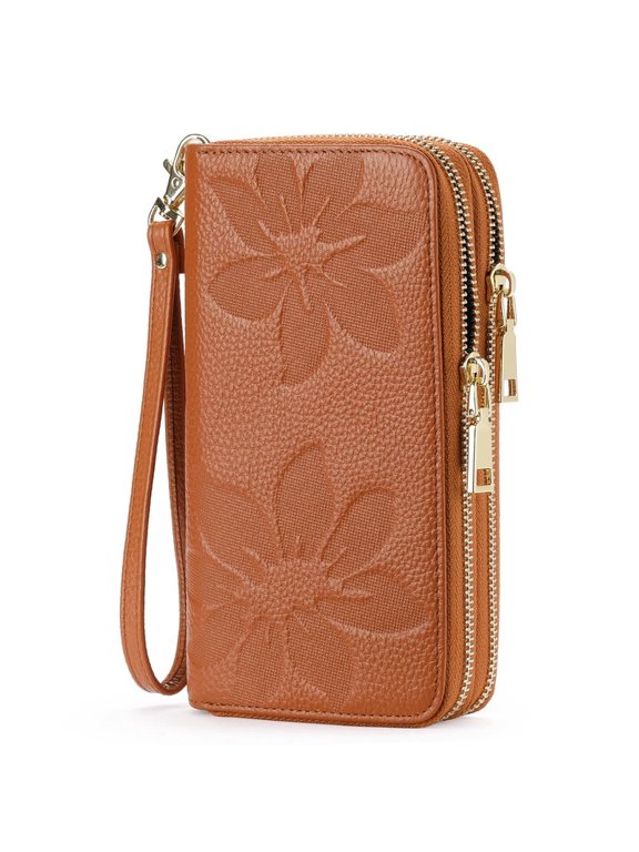 Women's Wallet Large Capacity Double Zip Ladies Card Phone Holder RFID Blocking Wristlet Leather