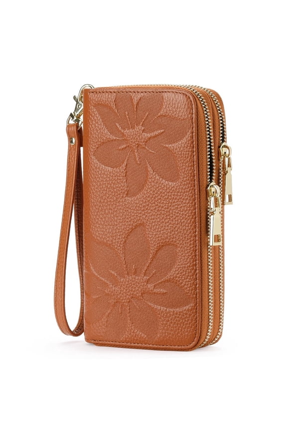 Women's Wallet Large Capacity Double Zip Ladies Card Phone Holder RFID Blocking Wristlet Leather