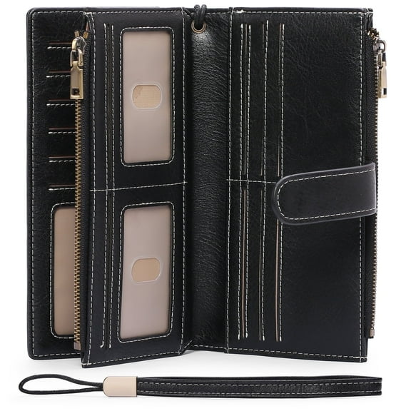 FALAN MULE Women Leather Wallet Large Capacity Bifold RFID Blocking Card Holder with Double Zipper Coin Pocket