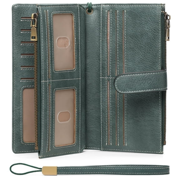 FALAN MULE Women Leather Wallet Large Capacity Bifold RFID Blocking Card Holder with Double Zipper Coin Pocket