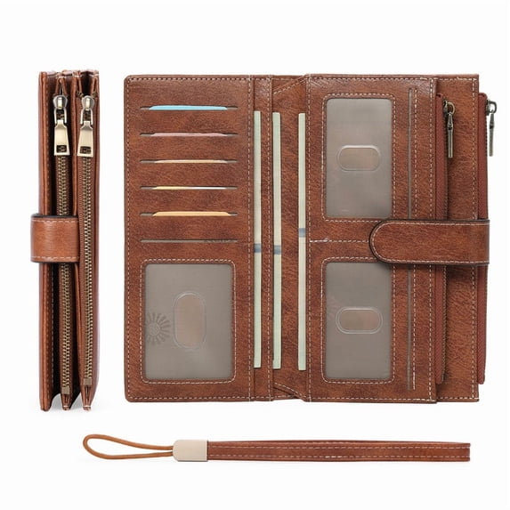 FALAN MULE Women’s Leather Wristlet Wallet Rfid Blocking with 5 ID Windows and Double Zipper