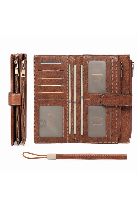 Women’s Leather Wristlet Wallet Rfid Blocking with 5 ID Windows and Double Zipper