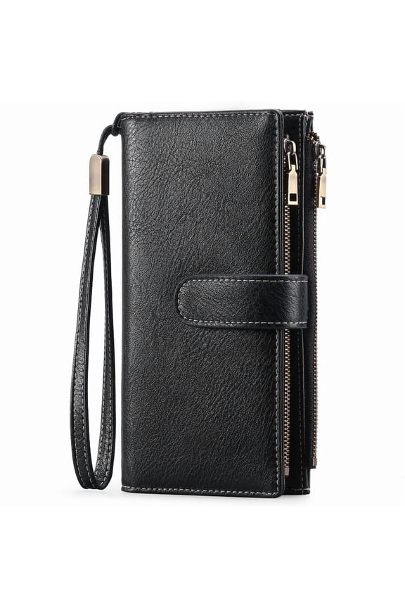 Women’s Leather Wristlet Wallet Rfid Blocking with 5 ID Windows and Double Zipper