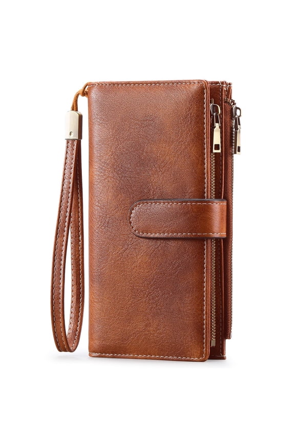 Women’s Leather Wristlet Wallet Rfid Blocking with 5 ID Windows and Double Zipper