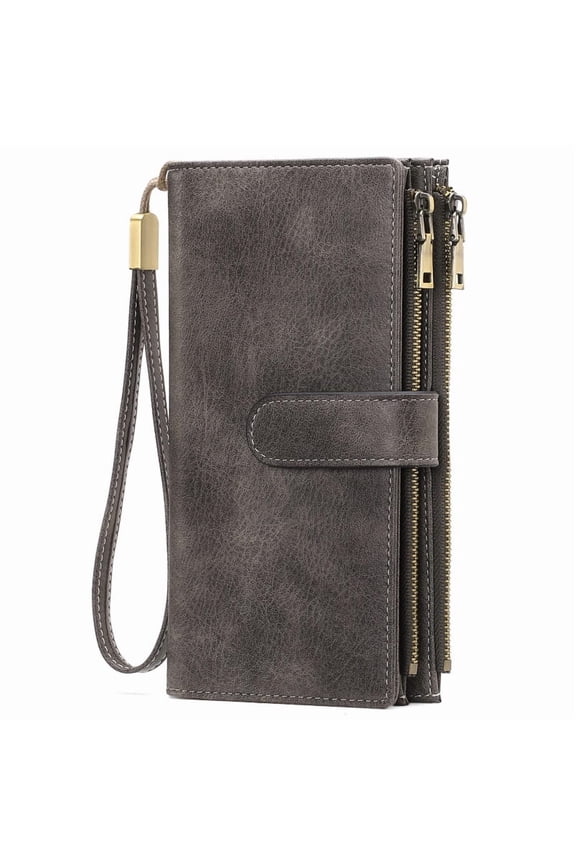 Women’s Leather Wristlet Wallet Rfid Blocking with 5 ID Windows and Double Zipper
