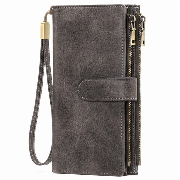 FALAN MULE Women’s Leather Wristlet Wallet Rfid Blocking with 5 ID Windows and Double Zipper
