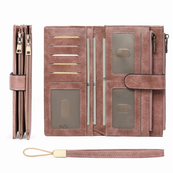 FALAN MULE Women’s Leather Wristlet Wallet Rfid Blocking with 5 ID Windows and Double Zipper