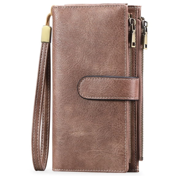 FALAN MULE Women’s Leather Wristlet Wallet Rfid Blocking with 5 ID Windows and Double Zipper