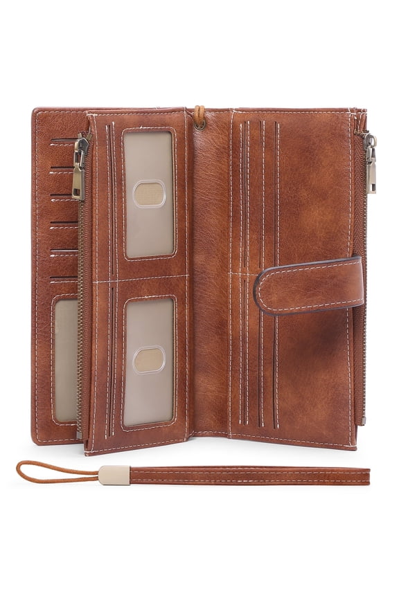 Women Leather Wallet Large Capacity Bifold RFID Blocking Card Holder with Double Zipper Coin Pocket