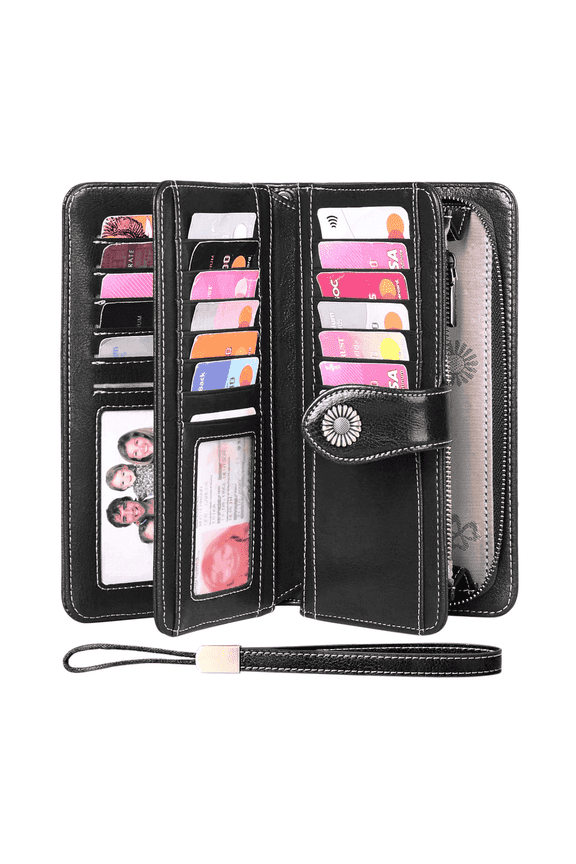 Women Leather Wallet Large Capacity Bifold RFID Blocking Card Holder with Zipper Coin Pocket