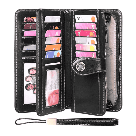 FALAN MULE Women Leather Wallet Large Capacity Bifold RFID Blocking Card Holder with Zipper Coin Pocket