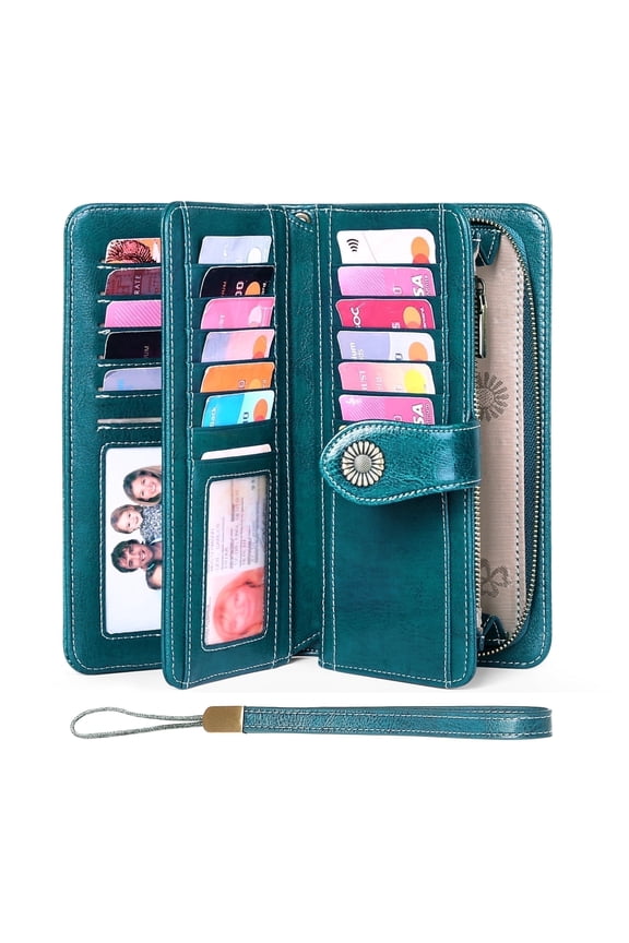 Women Leather Wallet Large Capacity Bifold RFID Blocking Card Holder with Zipper Coin Pocket