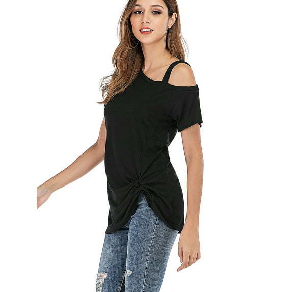 FALEXO Short Sleeve Cold Shoulder Tops Blouse Kink Tshirt Top