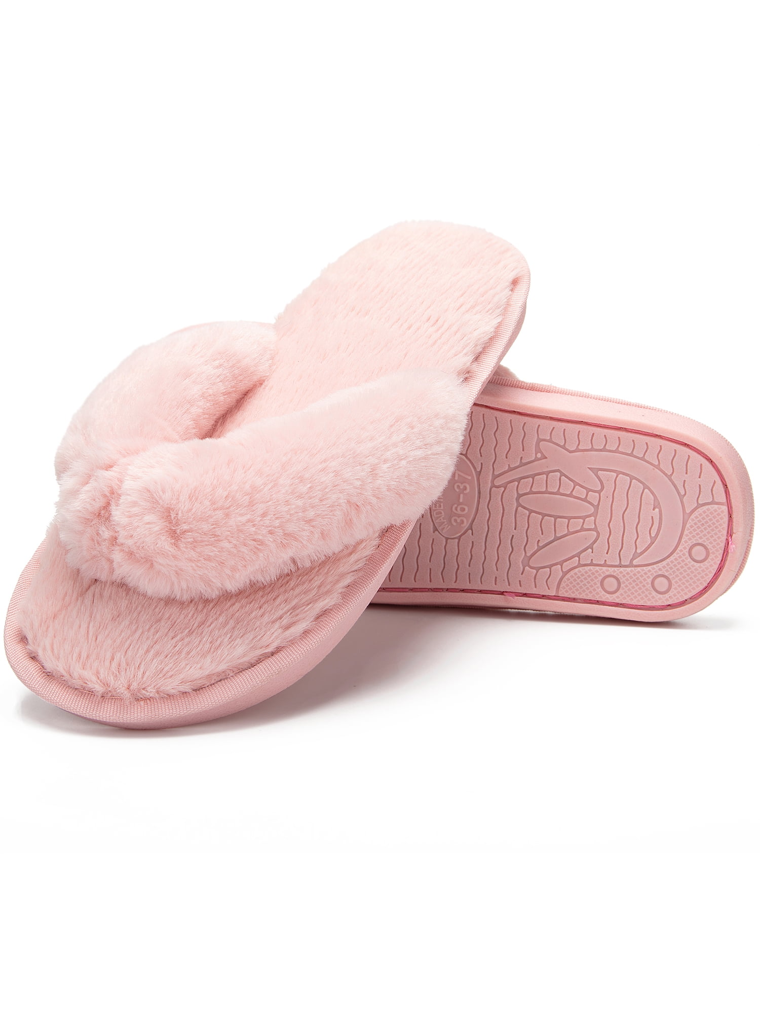 FALEXO Women's Comfy Fuzzy Fur Slippers Flip Flop Open Toe Cozy