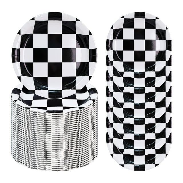 FALIZIFU 50 Pcs Checkered Paper Plates AFN17 Inch Black and White Checkered Dessert Plates Disposable Dinner Plates for Racing Theme Party Birthday Baby Shower Decoration Race Car Paper Plates