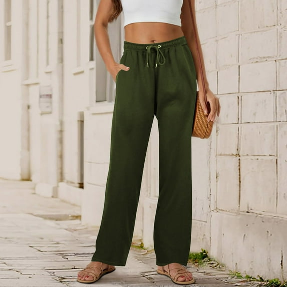 FALL SAVING Toonshare Khaki Pants for Women Soft Women's Casual Fashion Solid Color Drawstring Elastic Waist Straight-Leg Long Pants Army Green S