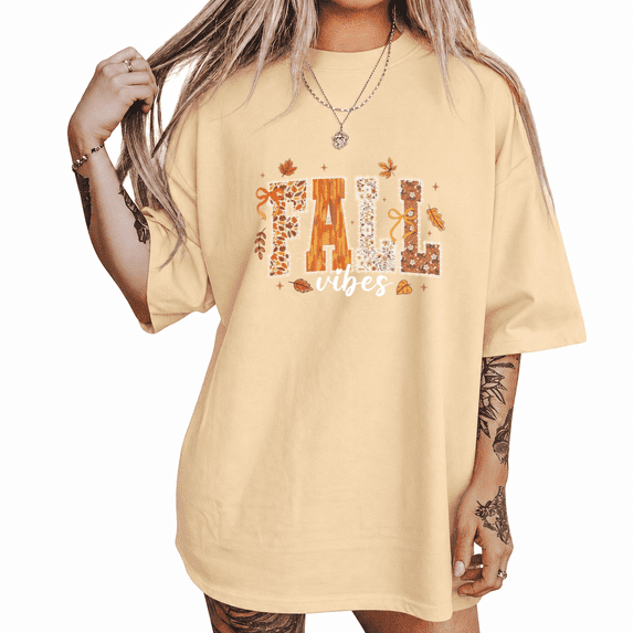 FALL Vibes Autumn Short Sleeve Top Women's Seasonal Lettering Crewneck