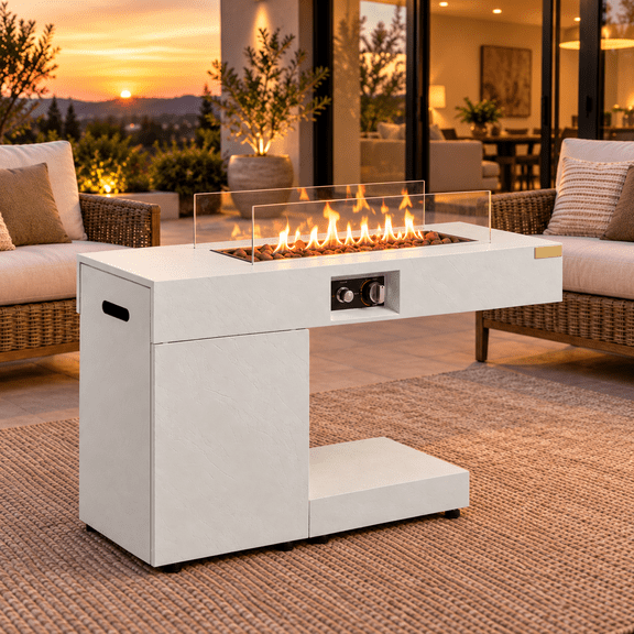 FAMAPY 40.2'' Propane Fire Pits Table with Windshield, Volcanic Stone and Rain Cover, Terrazzo Finish 40,000 BTU Gas Fire Pit Table for Outdoor Fireplace, White