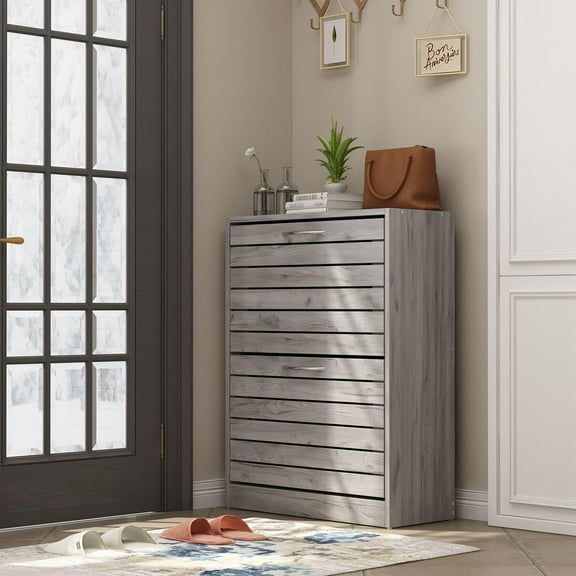 FAMAPY Modern Shoe Cabinet with 2 Flip Drawers, Freestanding Shoe Storage Cabinet, Shutter Design, Shoe Storage Organizer for Hallway Entryway Grey (22.4”W x 9.4”D x 29.5”H)