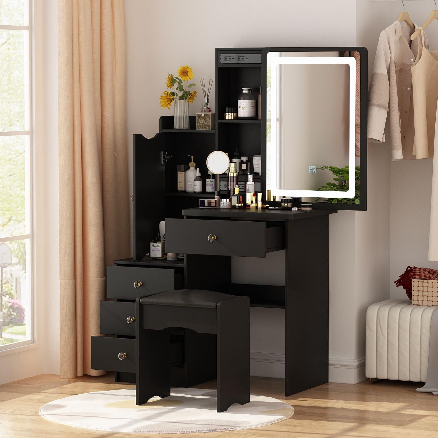 Vanity Desktop FAMAPY Modern Vanity Desk with Lighted Mirror & Glass Desktop, Makeup ...