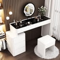 thumbnail image 1 of FAMAPY Modern Vanity Desk with Lighted Mirror & Glass Desktop, Makeup Vanity with Drawers, Makeup Desk Dressing Table, Round Edge, Cushion Stool, White, 1 of 8
