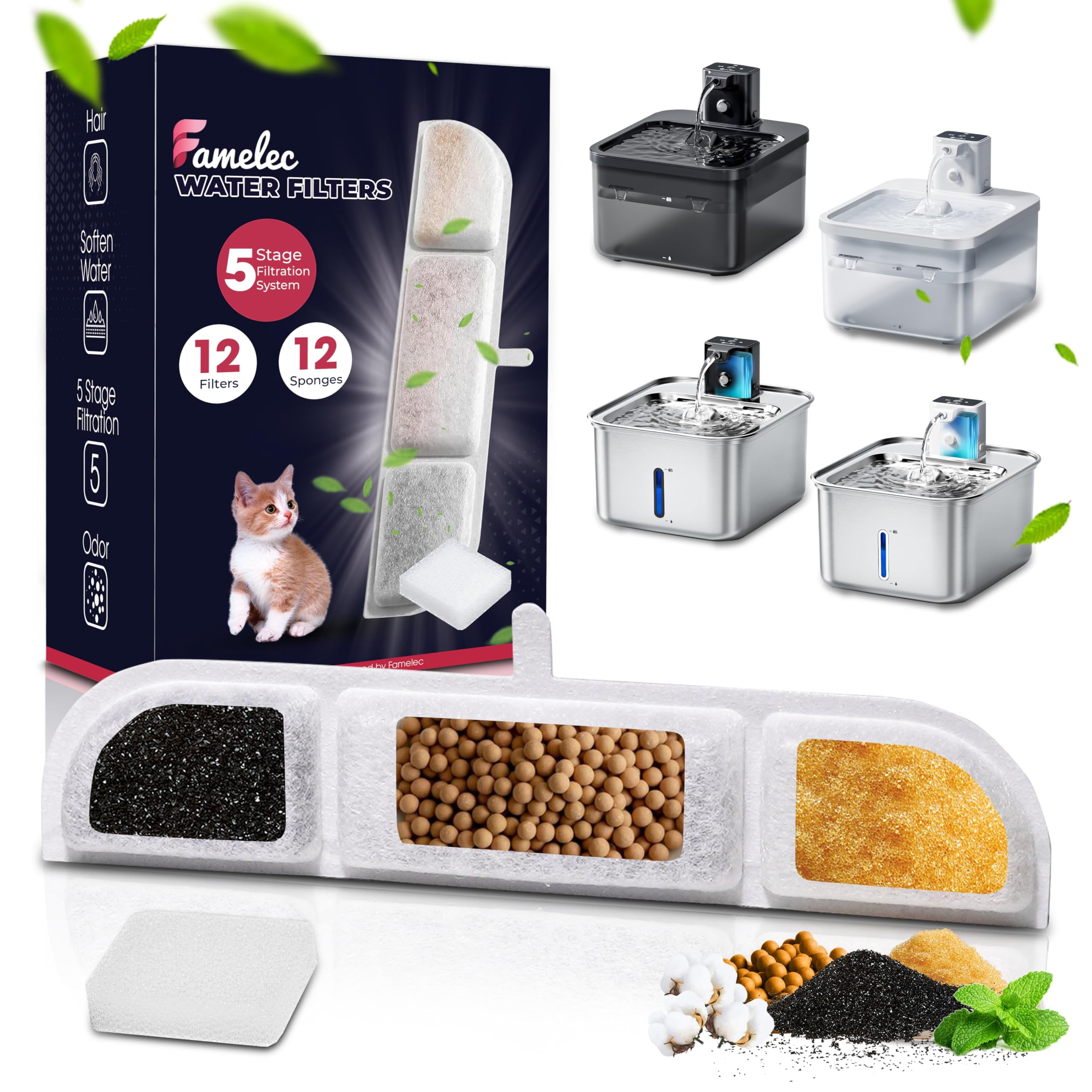 FAMELEC 12 Pack Water Filters for DownyPaws Pet Water Fountain Model 84oz/2.5L, Filter for DPWFP6 Cat Water Fountain, Replacement Filters for Battery Operated Cat & Dog Water Bowl Dispenser C49