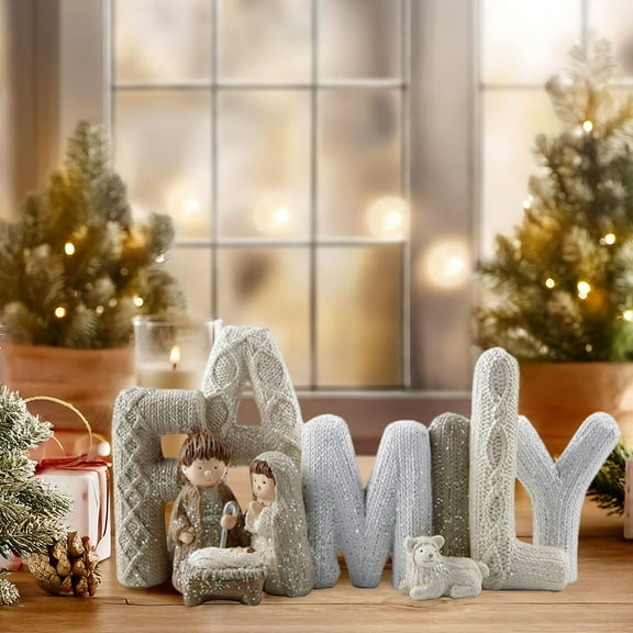FAMILY Letter Ornament Nativity Scene Nativity Set Figurines Crocheted Design Tabletop Holy Family Figurine and Statue, Seasonal Home Decor Accent for Home