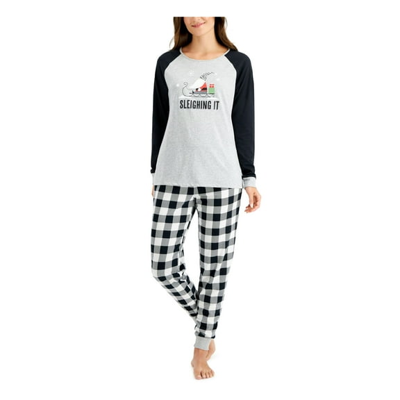 FAMILY PJs Sets Black Elastic Band Graphic Long Sleeve Crew Neck T-Shirt Cuffed Holiday  Size L