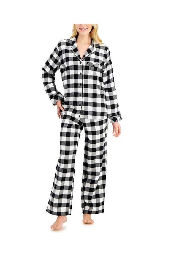 Sets Black Elastic Band Plaid Long Sleeve V Neck Button Up Straight leg Sleepwear Size S